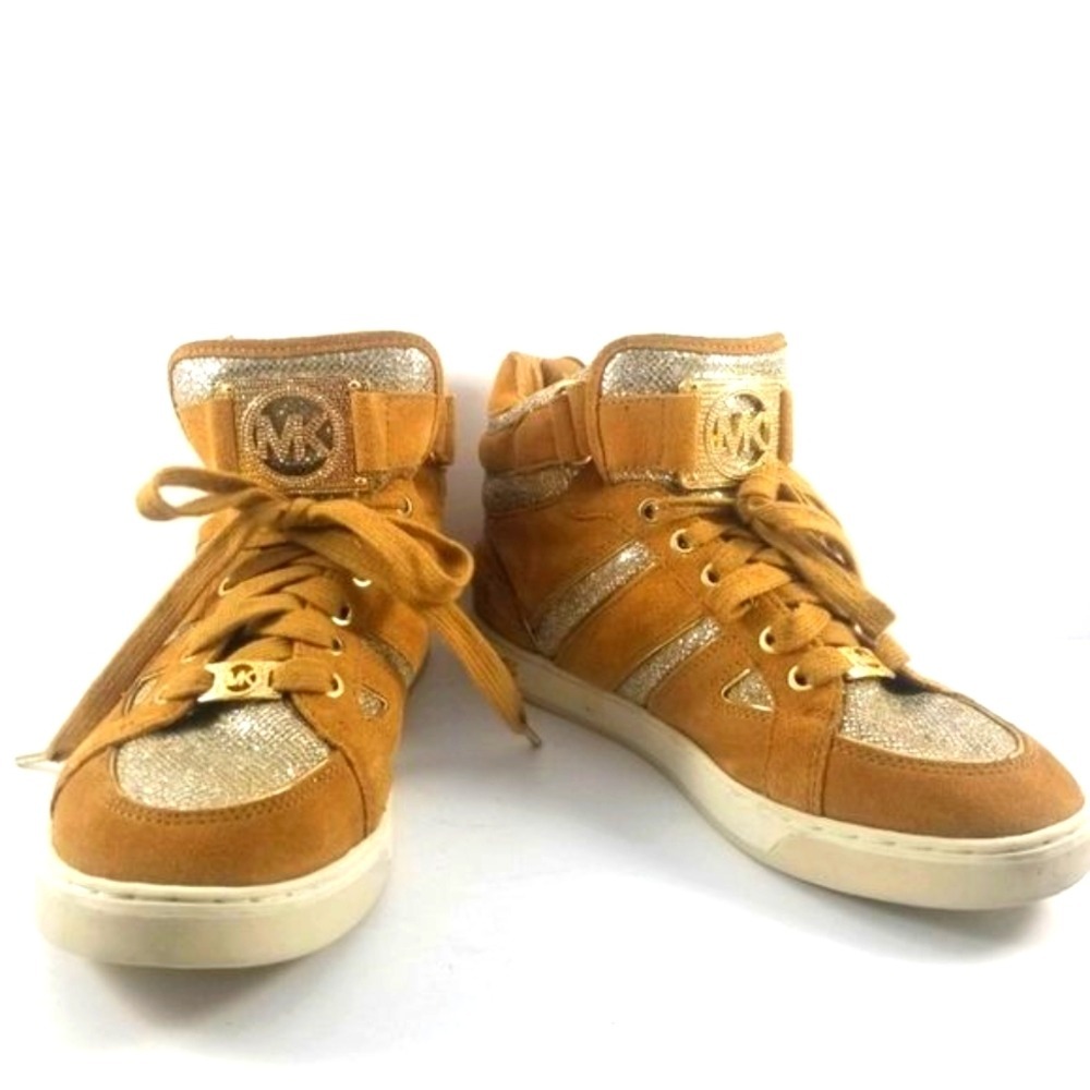 Michael Kors Womens Tan Suede Silver Glitter High Top Hidden Wedge Sneakers - Picture 2 of 6
